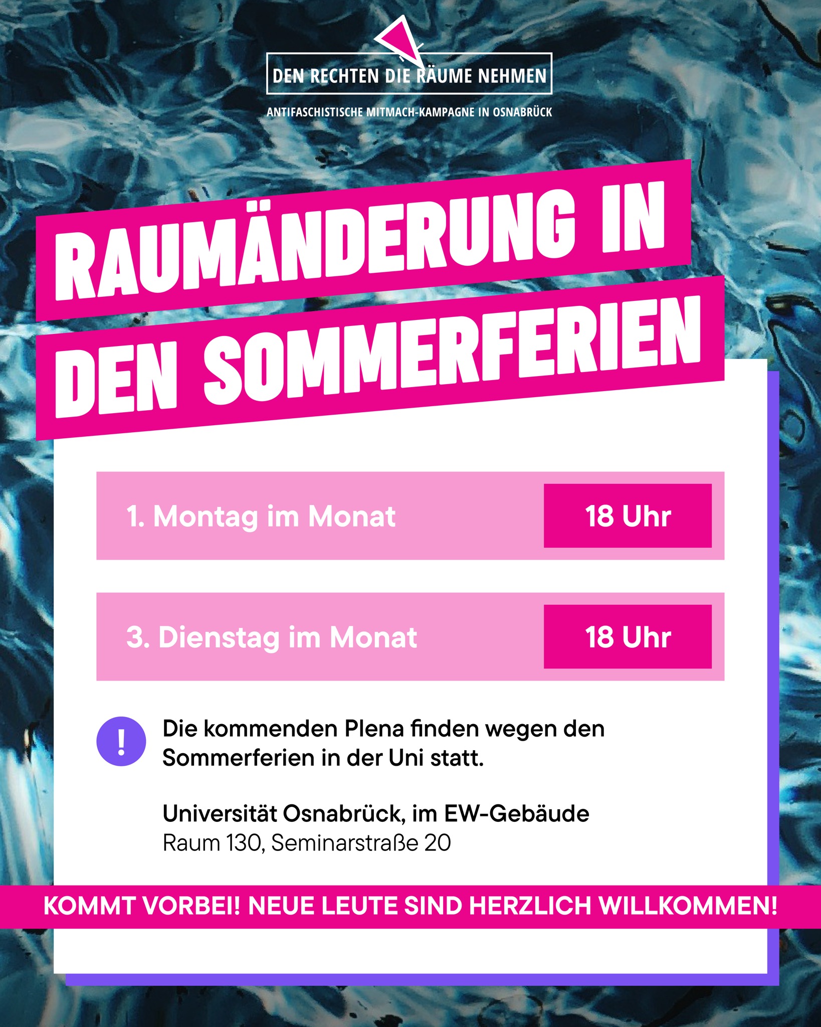 Aufgrund der Sommerferien finden unsere kommenden drei Treffen nicht im Haus der Jugend, sondern in der Uni statt. Wir sind im EW-Gebäude (Seminarstraße 20), Raum 130